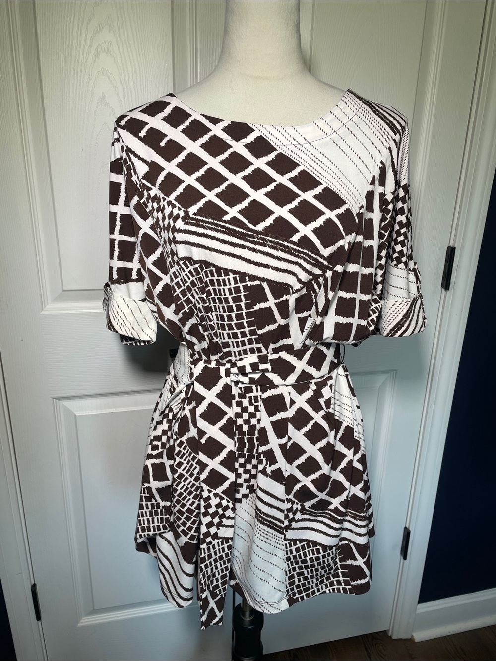 Susan Graver Printed Tunic Top Dress Tunic Brown Cream Abstract Lattice Medium